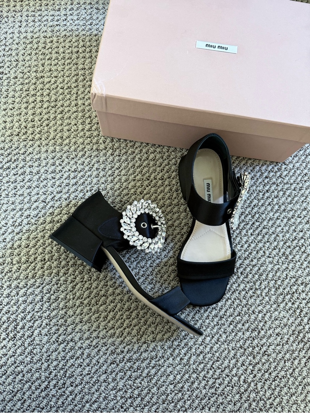 Miu Miu Black Satin Crystal Buckle Block Heel Sandals